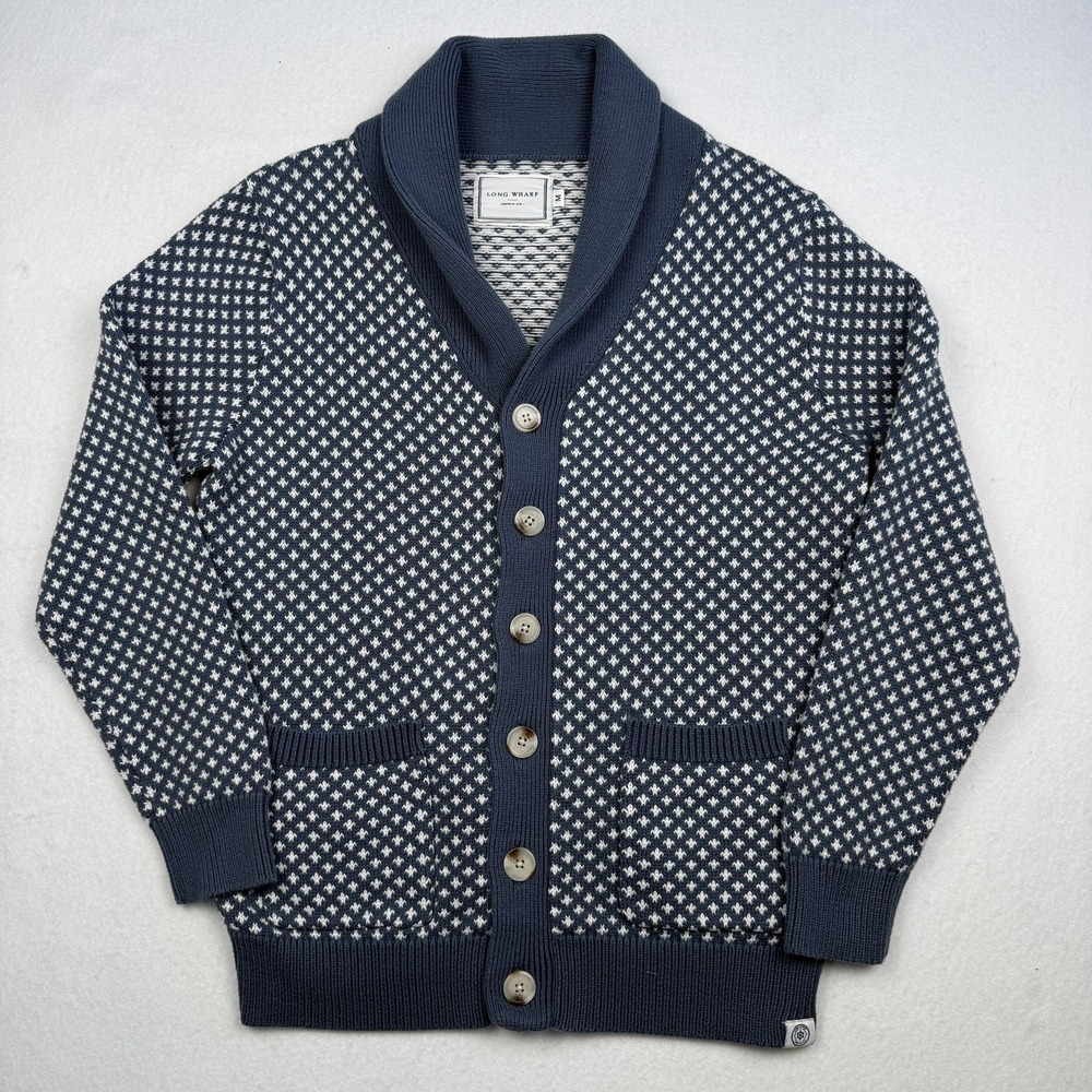 Long Wharf Supply Co Sweater Mens Medium Blue Shawl Collar Cardigan Knit